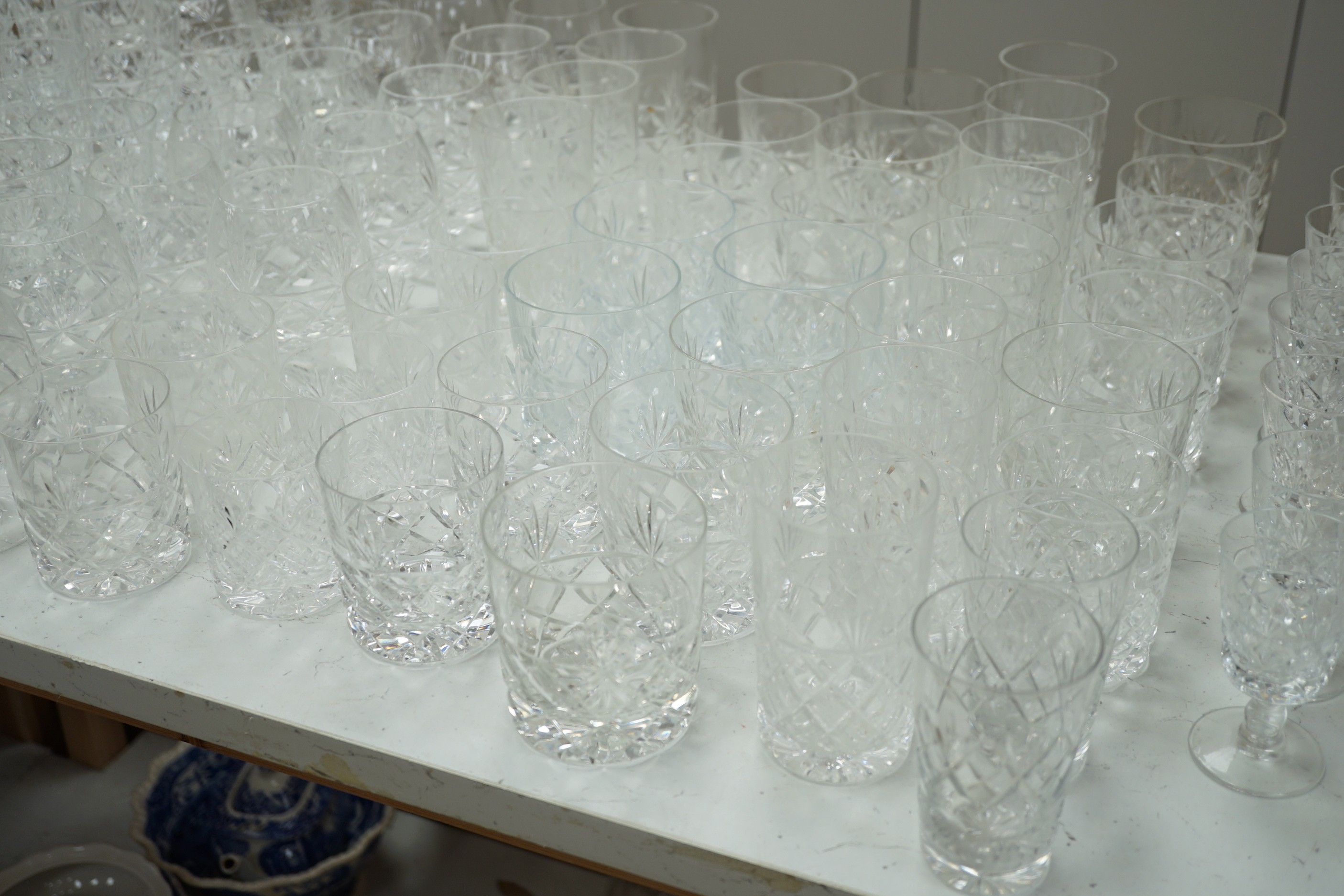 A large quantity cut glass suite of drinking glasses, mostly Brierley Queens pattern.